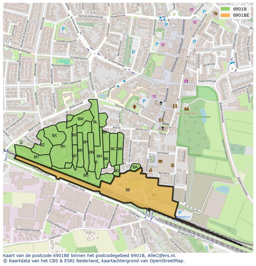 Afbeelding van het postcodegebied 6901 BE op de kaart.