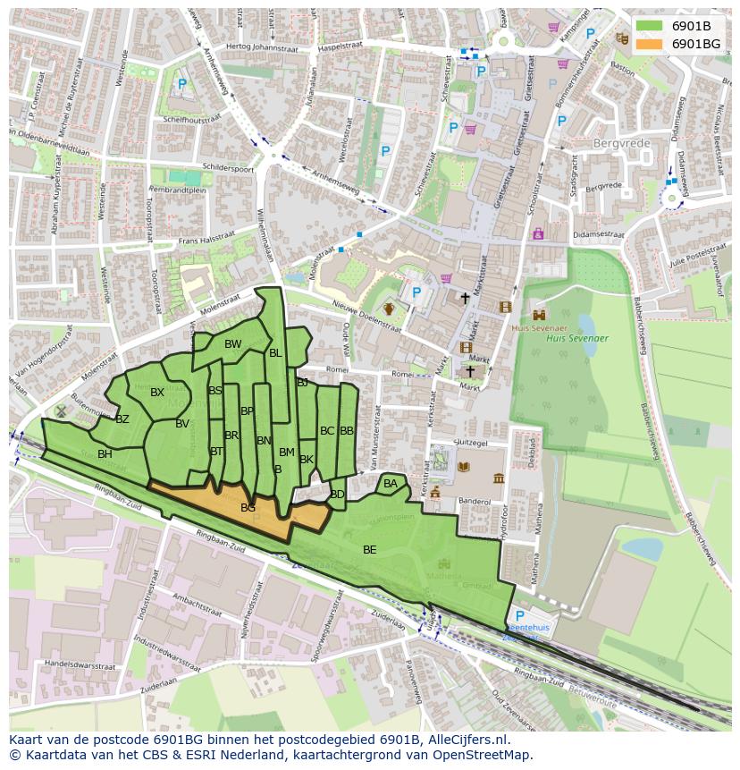 Afbeelding van het postcodegebied 6901 BG op de kaart.