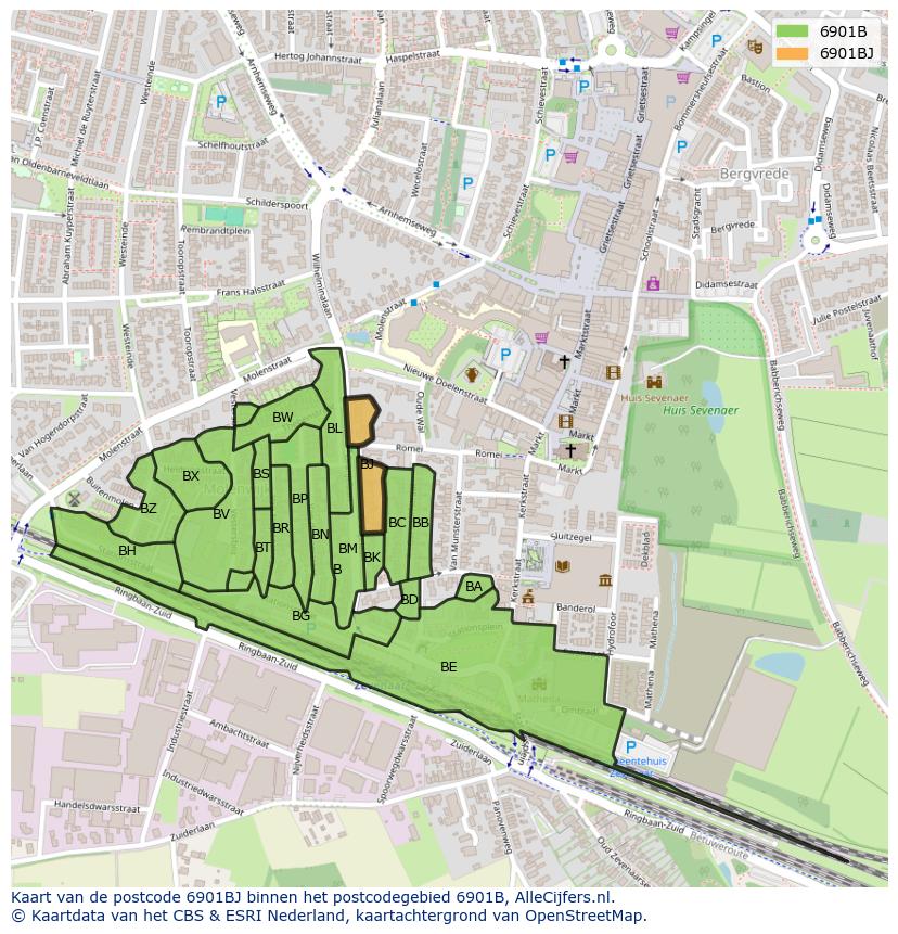 Afbeelding van het postcodegebied 6901 BJ op de kaart.