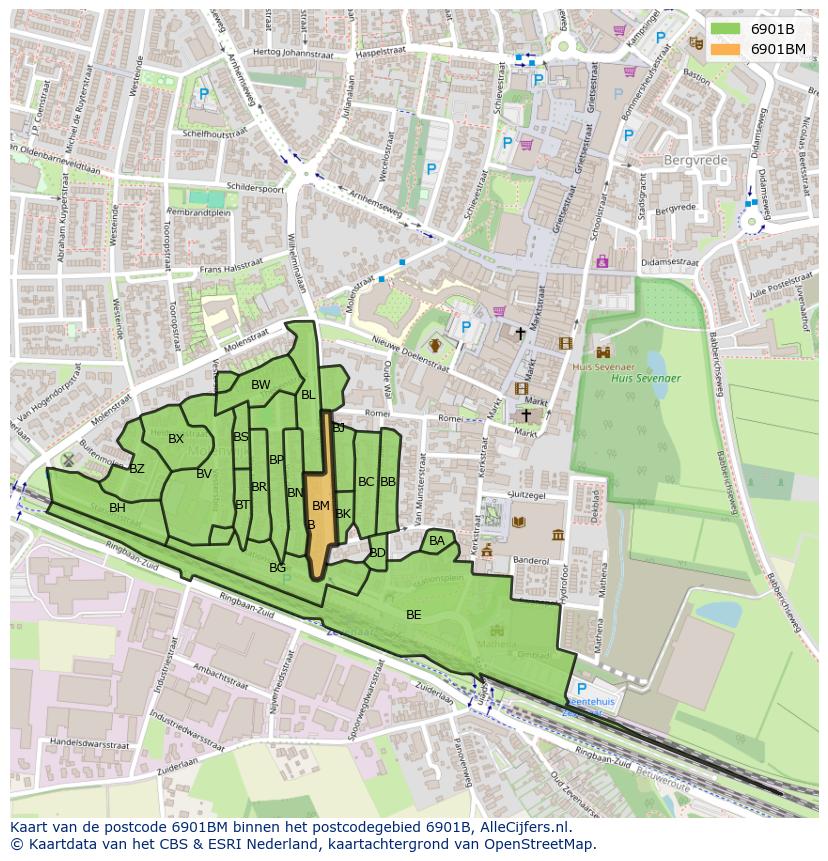 Afbeelding van het postcodegebied 6901 BM op de kaart.