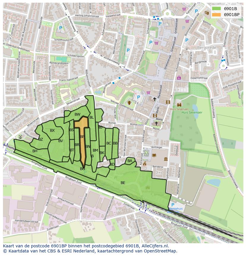 Afbeelding van het postcodegebied 6901 BP op de kaart.