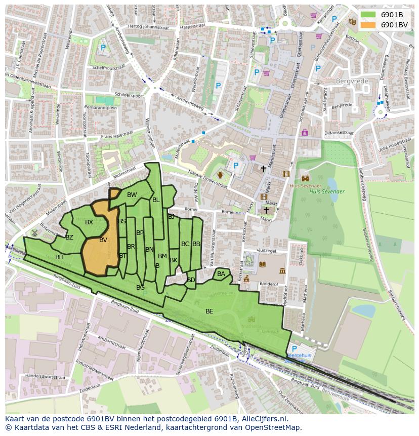 Afbeelding van het postcodegebied 6901 BV op de kaart.