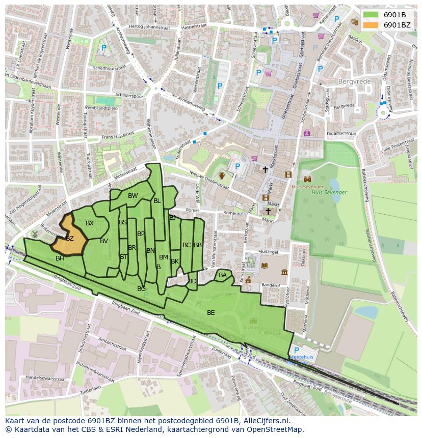 Afbeelding van het postcodegebied 6901 BZ op de kaart.
