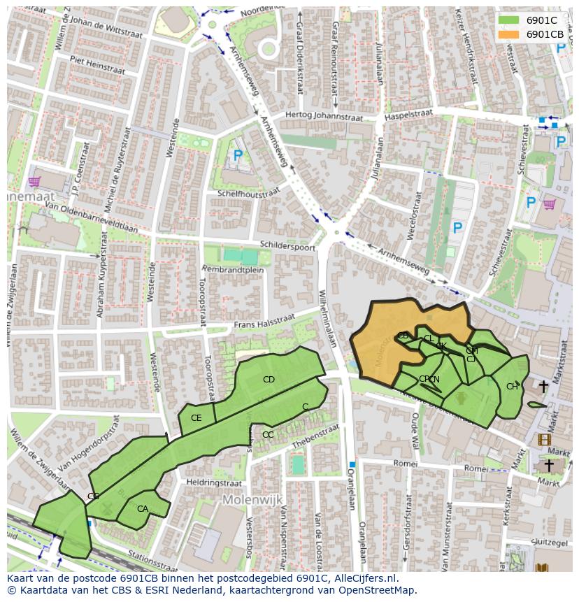 Afbeelding van het postcodegebied 6901 CB op de kaart.