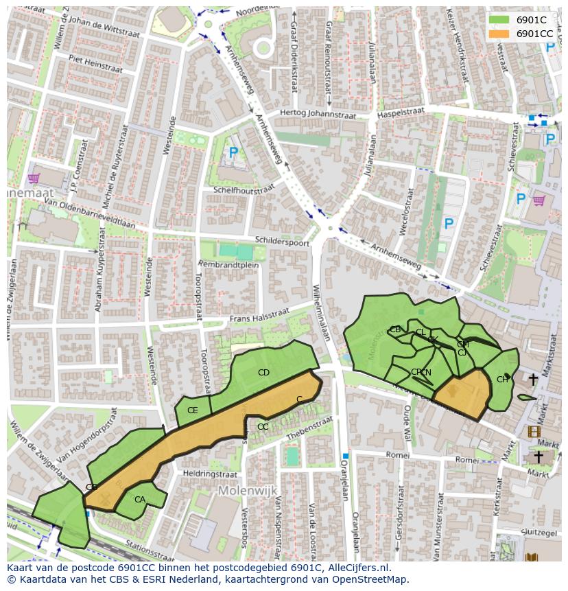 Afbeelding van het postcodegebied 6901 CC op de kaart.