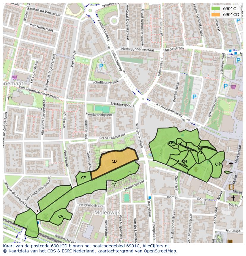 Afbeelding van het postcodegebied 6901 CD op de kaart.
