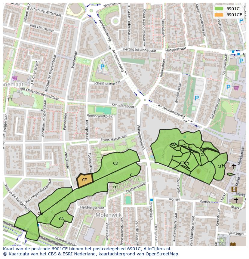 Afbeelding van het postcodegebied 6901 CE op de kaart.