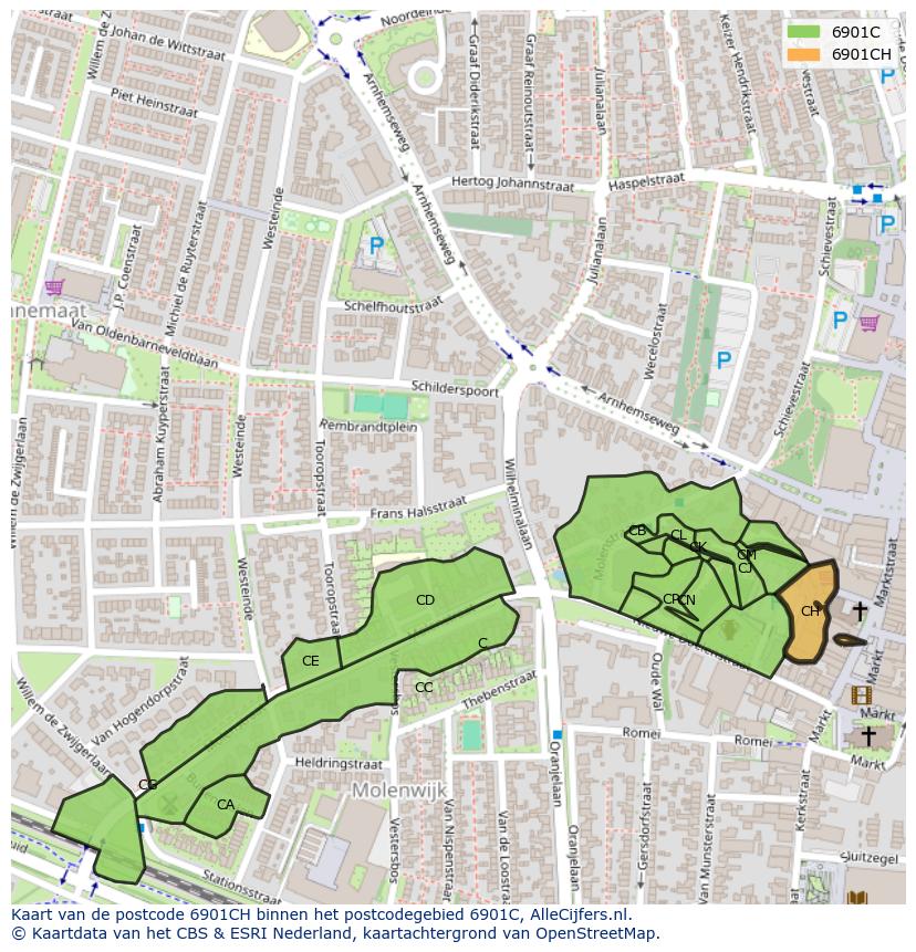 Afbeelding van het postcodegebied 6901 CH op de kaart.
