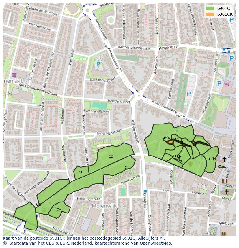 Afbeelding van het postcodegebied 6901 CK op de kaart.