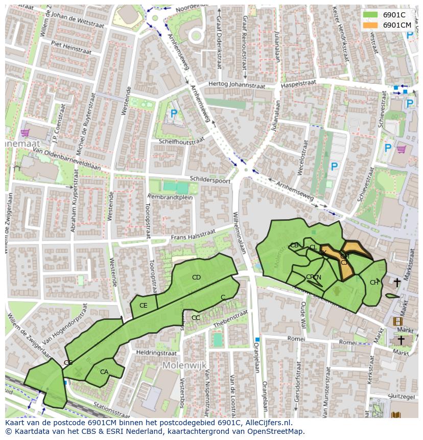 Afbeelding van het postcodegebied 6901 CM op de kaart.