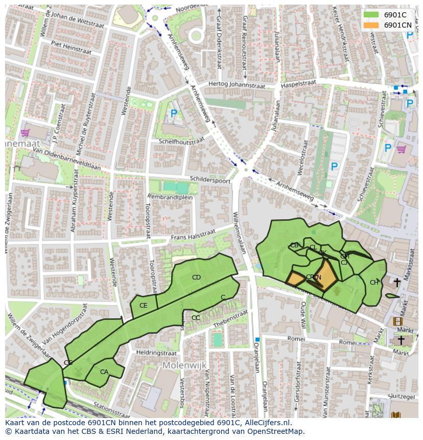 Afbeelding van het postcodegebied 6901 CN op de kaart.