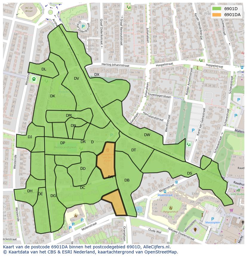 Afbeelding van het postcodegebied 6901 DA op de kaart.