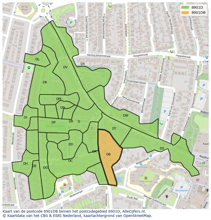 Afbeelding van het postcodegebied 6901 DB op de kaart.