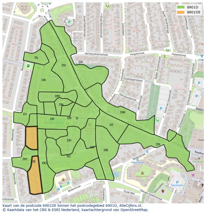 Afbeelding van het postcodegebied 6901 DE op de kaart.