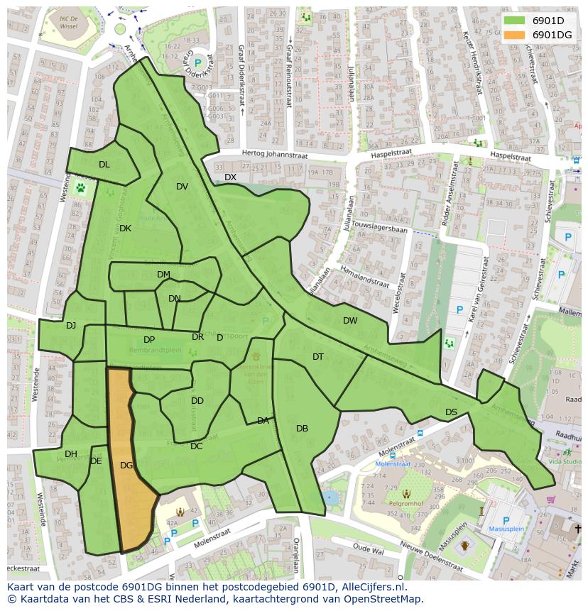 Afbeelding van het postcodegebied 6901 DG op de kaart.