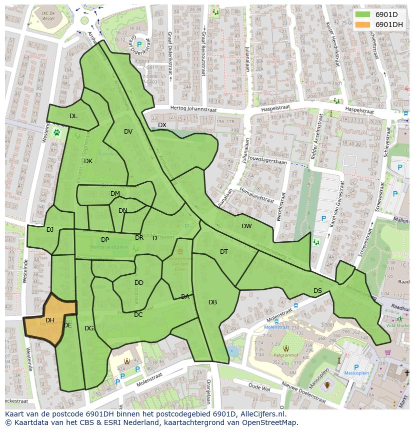 Afbeelding van het postcodegebied 6901 DH op de kaart.