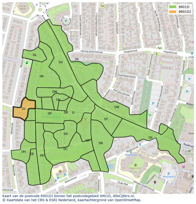 Afbeelding van het postcodegebied 6901 DJ op de kaart.