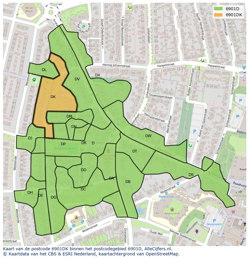 Afbeelding van het postcodegebied 6901 DK op de kaart.