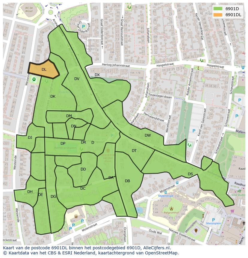 Afbeelding van het postcodegebied 6901 DL op de kaart.