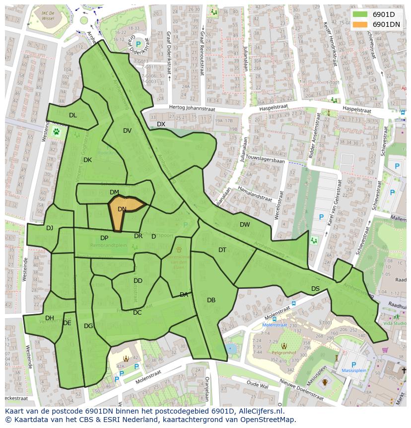 Afbeelding van het postcodegebied 6901 DN op de kaart.