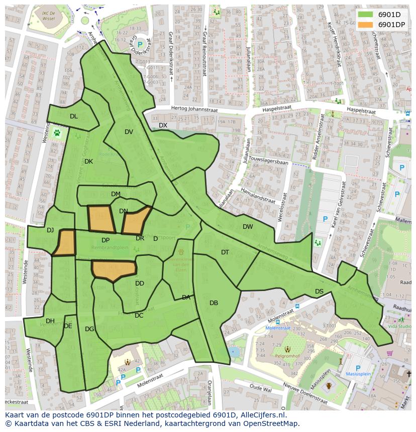 Afbeelding van het postcodegebied 6901 DP op de kaart.