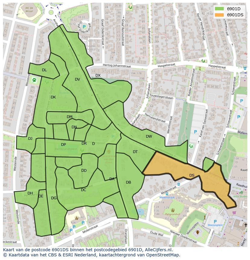 Afbeelding van het postcodegebied 6901 DS op de kaart.