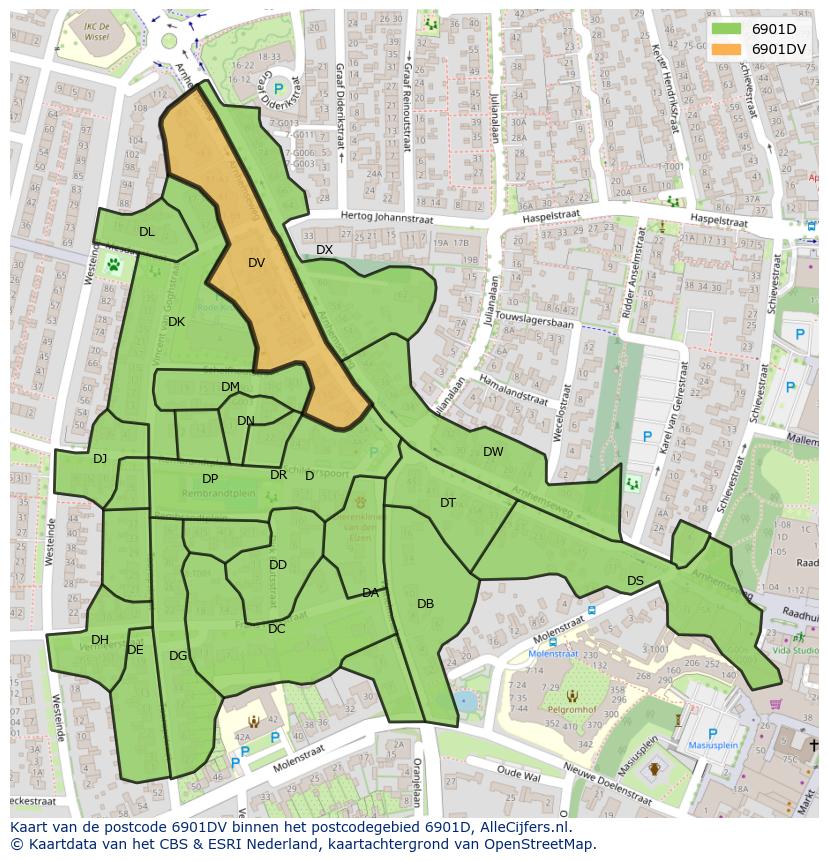Afbeelding van het postcodegebied 6901 DV op de kaart.