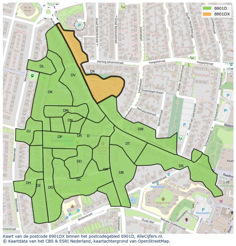 Afbeelding van het postcodegebied 6901 DX op de kaart.