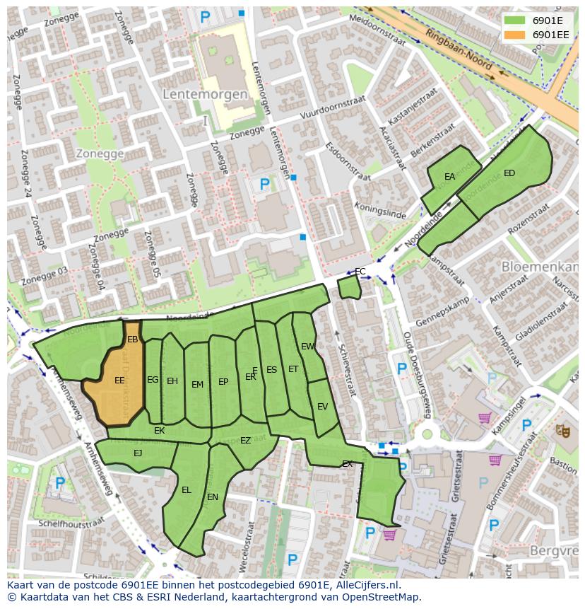 Afbeelding van het postcodegebied 6901 EE op de kaart.