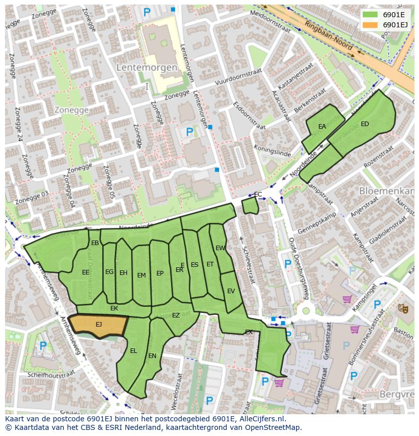 Afbeelding van het postcodegebied 6901 EJ op de kaart.