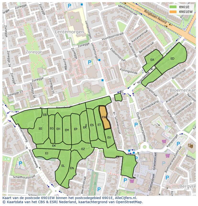 Afbeelding van het postcodegebied 6901 EW op de kaart.