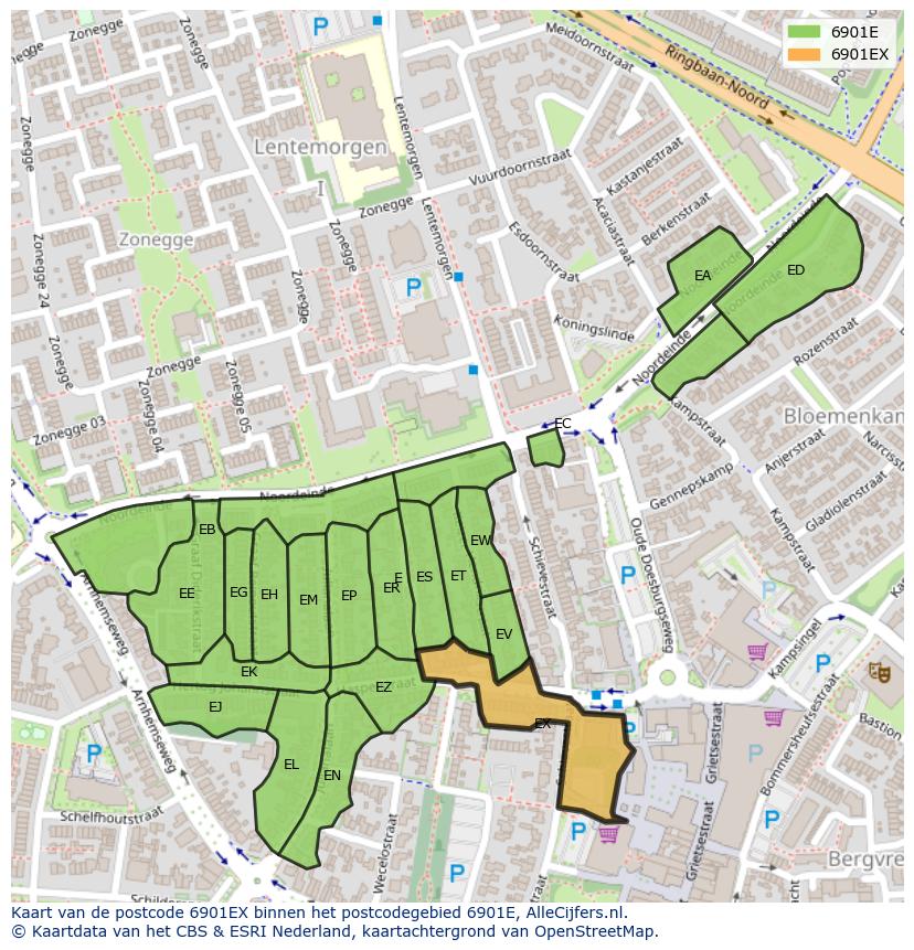 Afbeelding van het postcodegebied 6901 EX op de kaart.