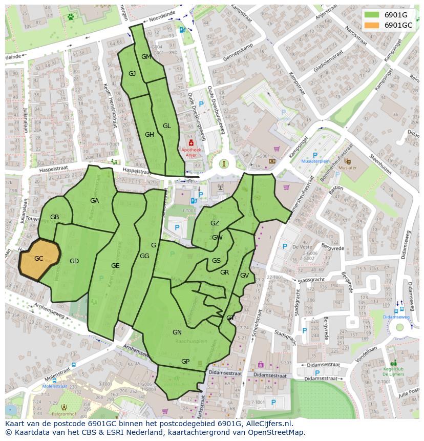 Afbeelding van het postcodegebied 6901 GC op de kaart.