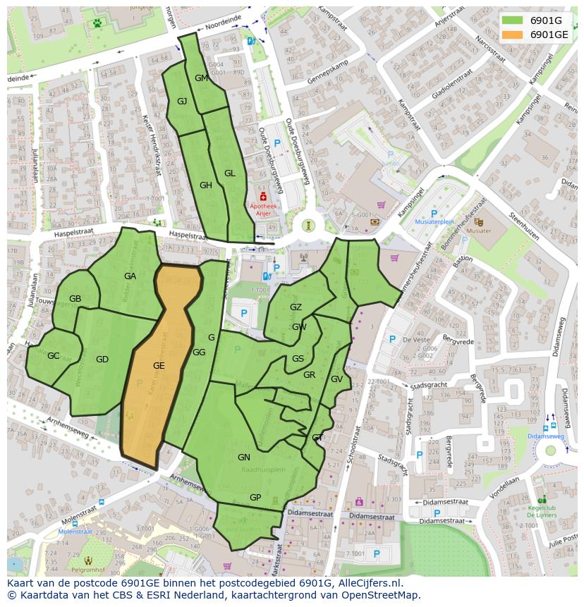 Afbeelding van het postcodegebied 6901 GE op de kaart.