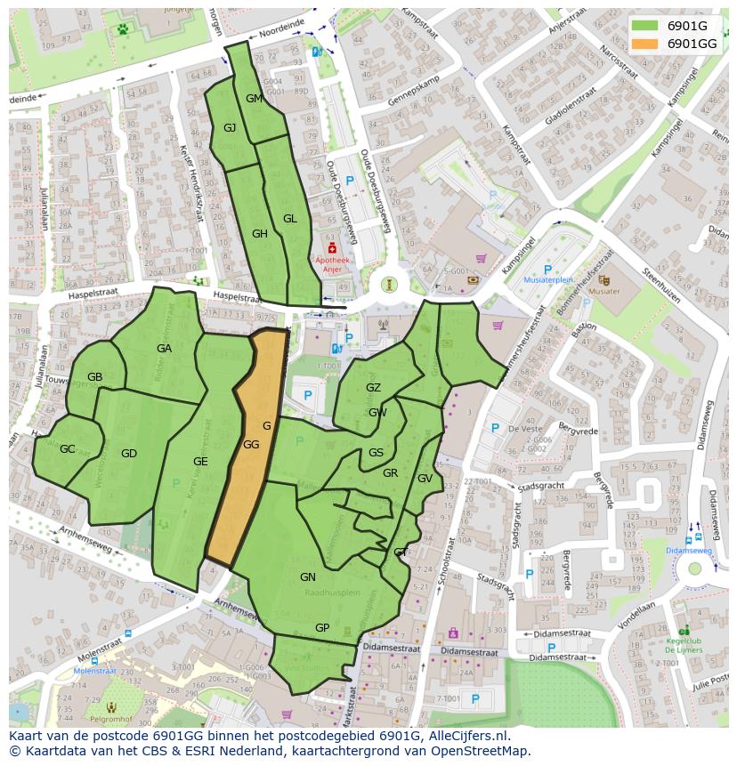Afbeelding van het postcodegebied 6901 GG op de kaart.