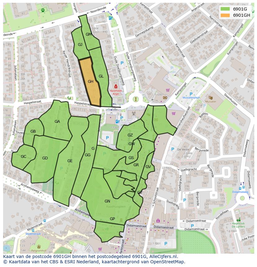 Afbeelding van het postcodegebied 6901 GH op de kaart.