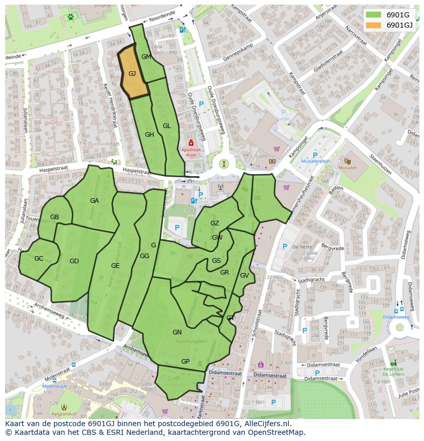 Afbeelding van het postcodegebied 6901 GJ op de kaart.