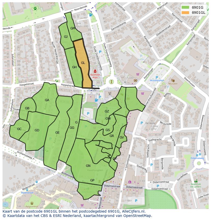 Afbeelding van het postcodegebied 6901 GL op de kaart.