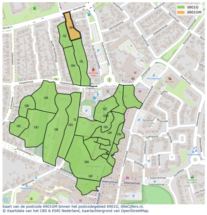 Afbeelding van het postcodegebied 6901 GM op de kaart.