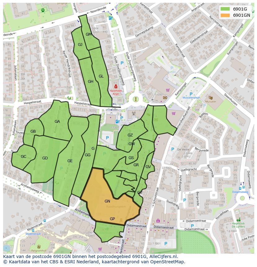 Afbeelding van het postcodegebied 6901 GN op de kaart.