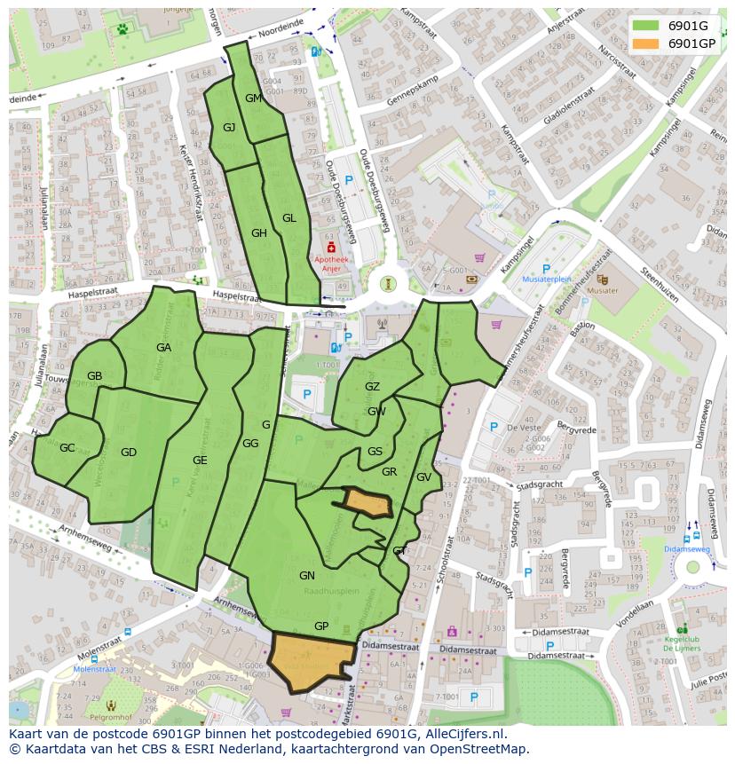 Afbeelding van het postcodegebied 6901 GP op de kaart.
