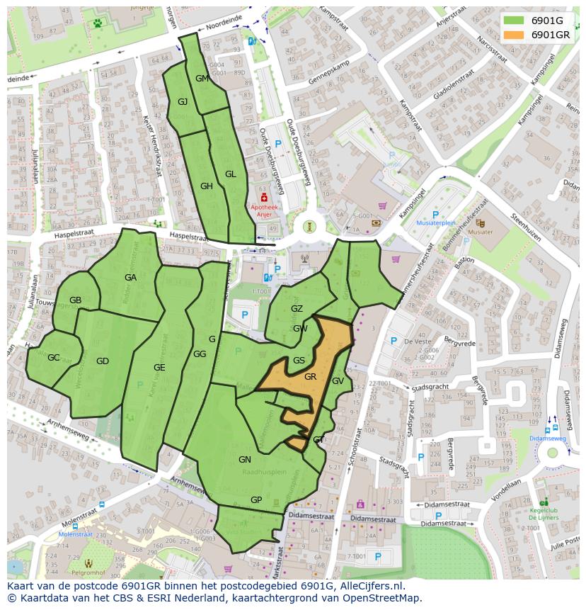 Afbeelding van het postcodegebied 6901 GR op de kaart.