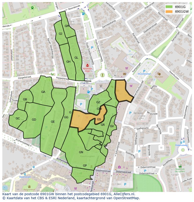 Afbeelding van het postcodegebied 6901 GW op de kaart.