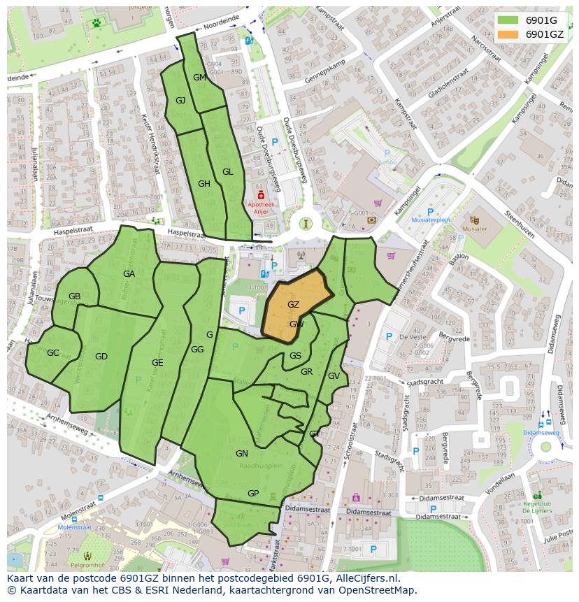 Afbeelding van het postcodegebied 6901 GZ op de kaart.