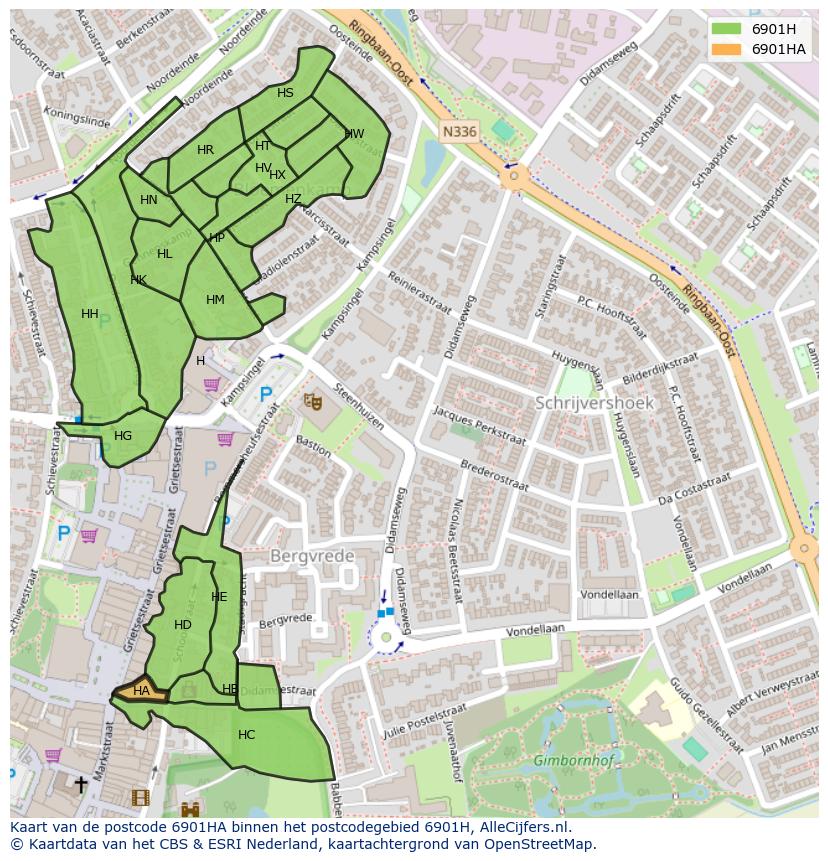 Afbeelding van het postcodegebied 6901 HA op de kaart.