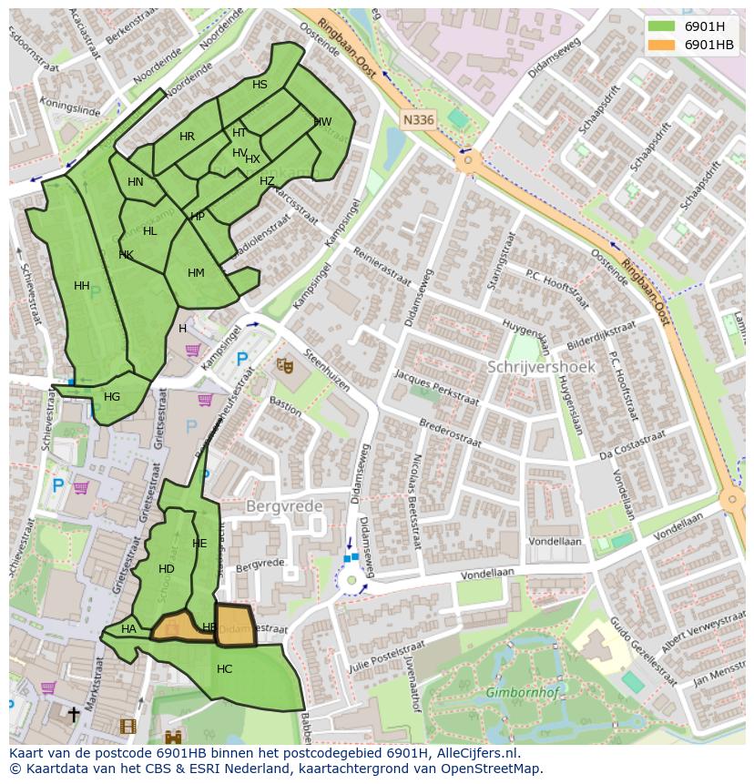 Afbeelding van het postcodegebied 6901 HB op de kaart.