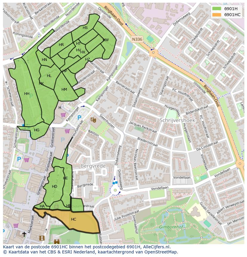 Afbeelding van het postcodegebied 6901 HC op de kaart.