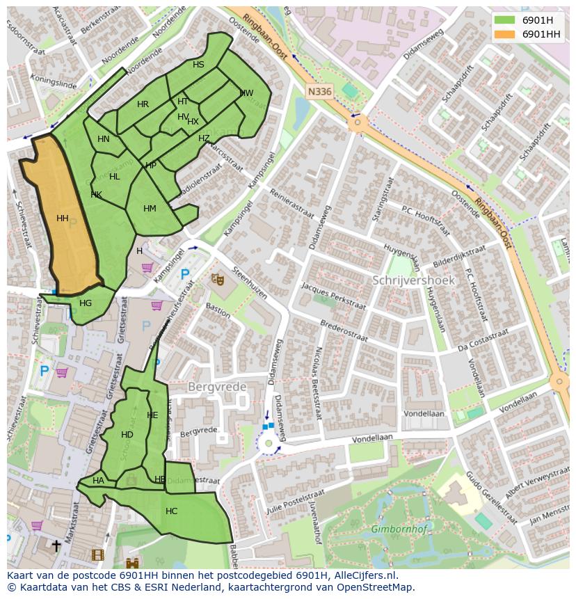 Afbeelding van het postcodegebied 6901 HH op de kaart.