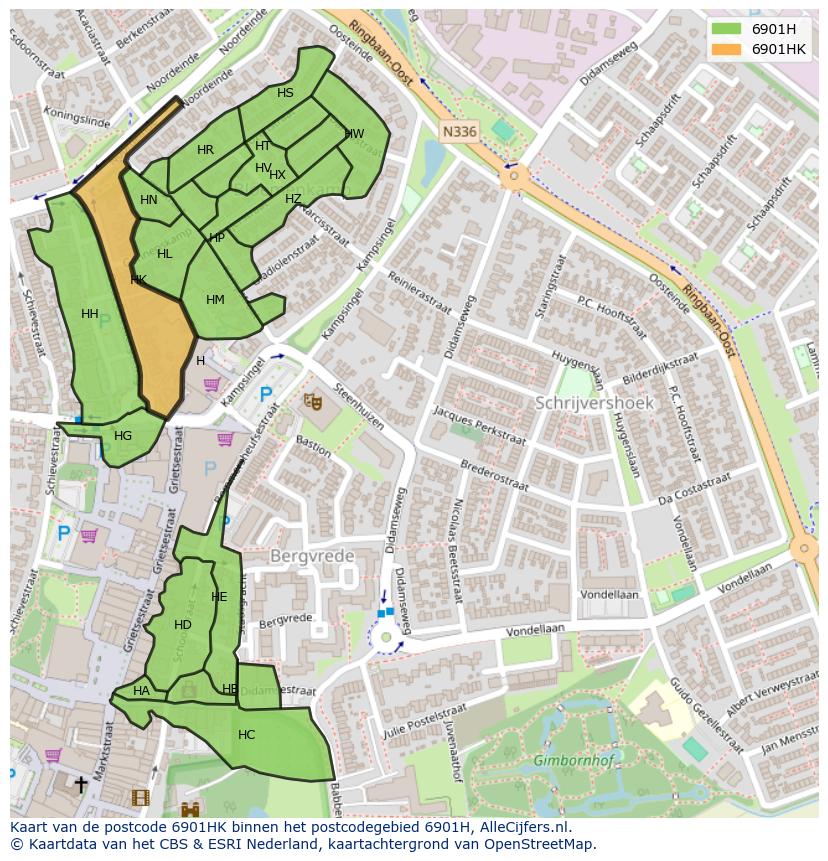 Afbeelding van het postcodegebied 6901 HK op de kaart.