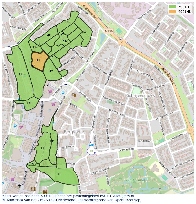Afbeelding van het postcodegebied 6901 HL op de kaart.
